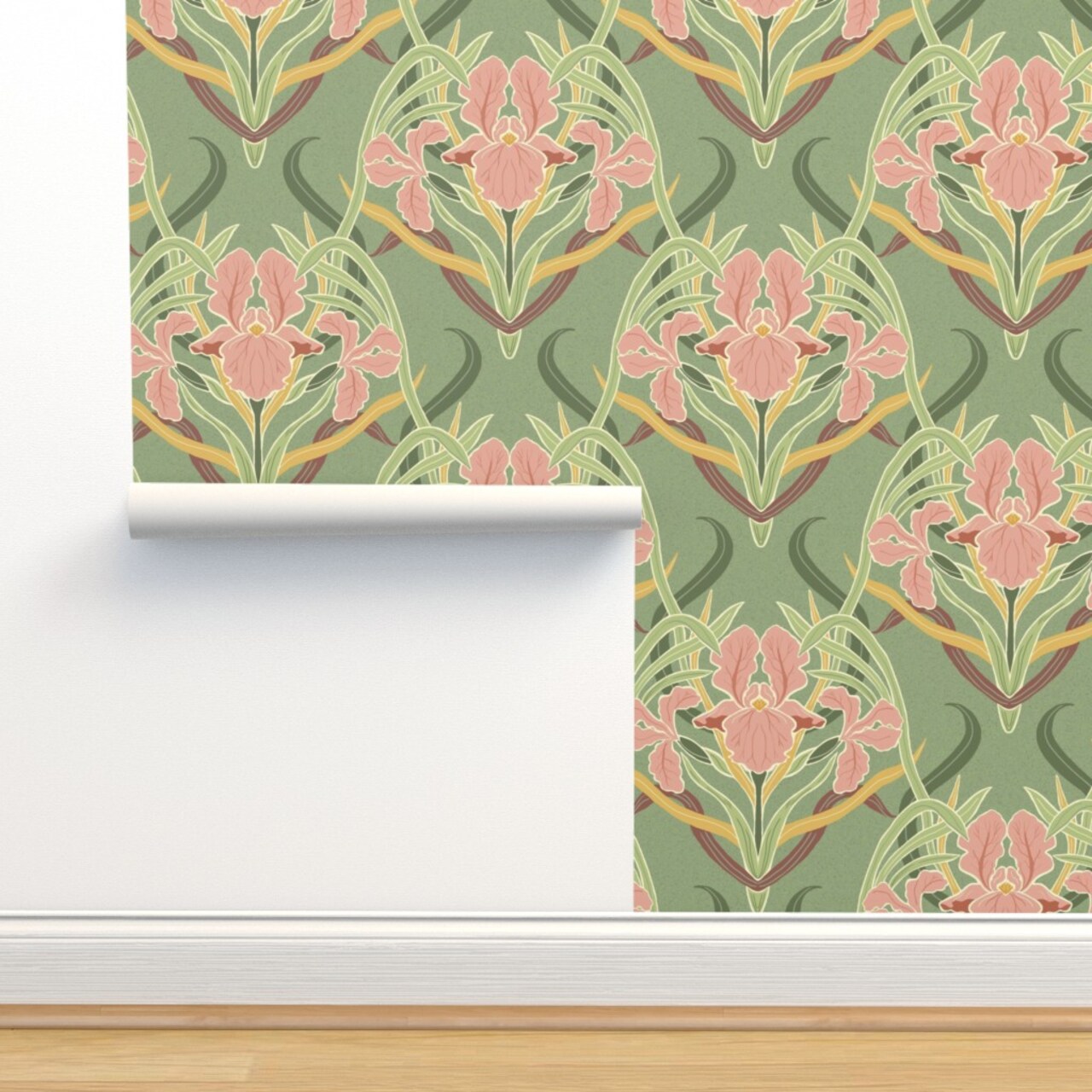 Green Floral Victorian Garden Art Nouveau Large Scale Iris Botanical Arts And Crafts Edwardian Boho Granny Chic Maximalist Custom Pre-pasted Wallpaper by Spoonflower Pre-Pasted Wallpaper 2FT Wide